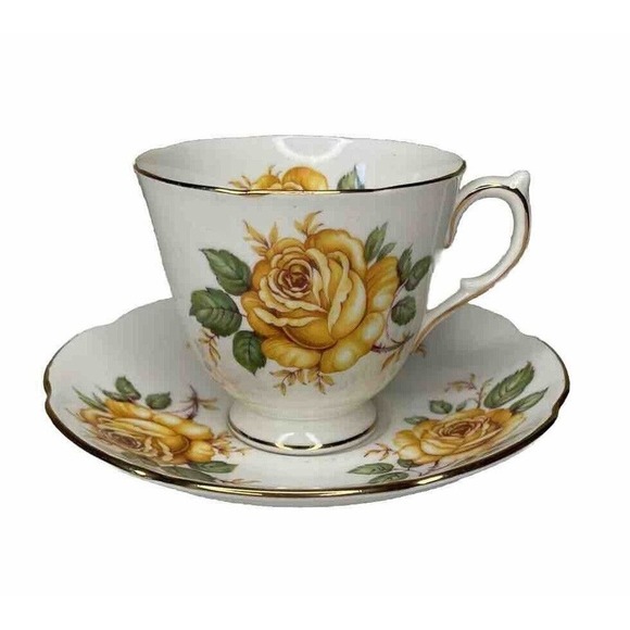 Adderley Yellow Cabbage Roses Fine Bone China Tea Cup And Saucer - Picture 2 of 8